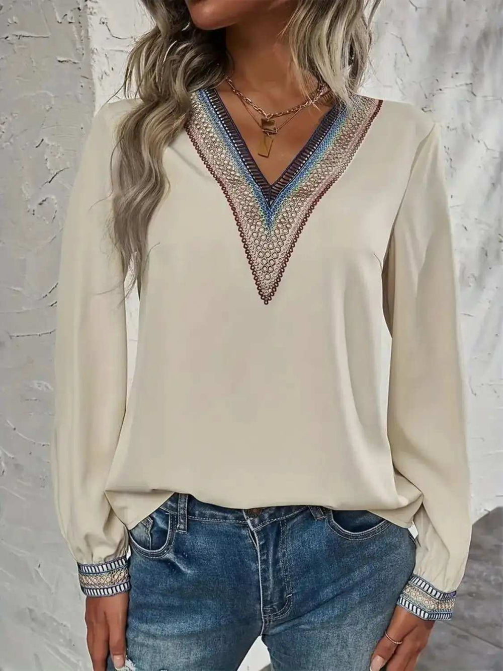 Contrast V-Neck Long Sleeve Blouse - Trendsi - Flyclothing LLC