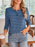 Lovelet Quarter Button Striped Round Neck Long Sleeve T-Shirt - Trendsi - Flyclothing LLC