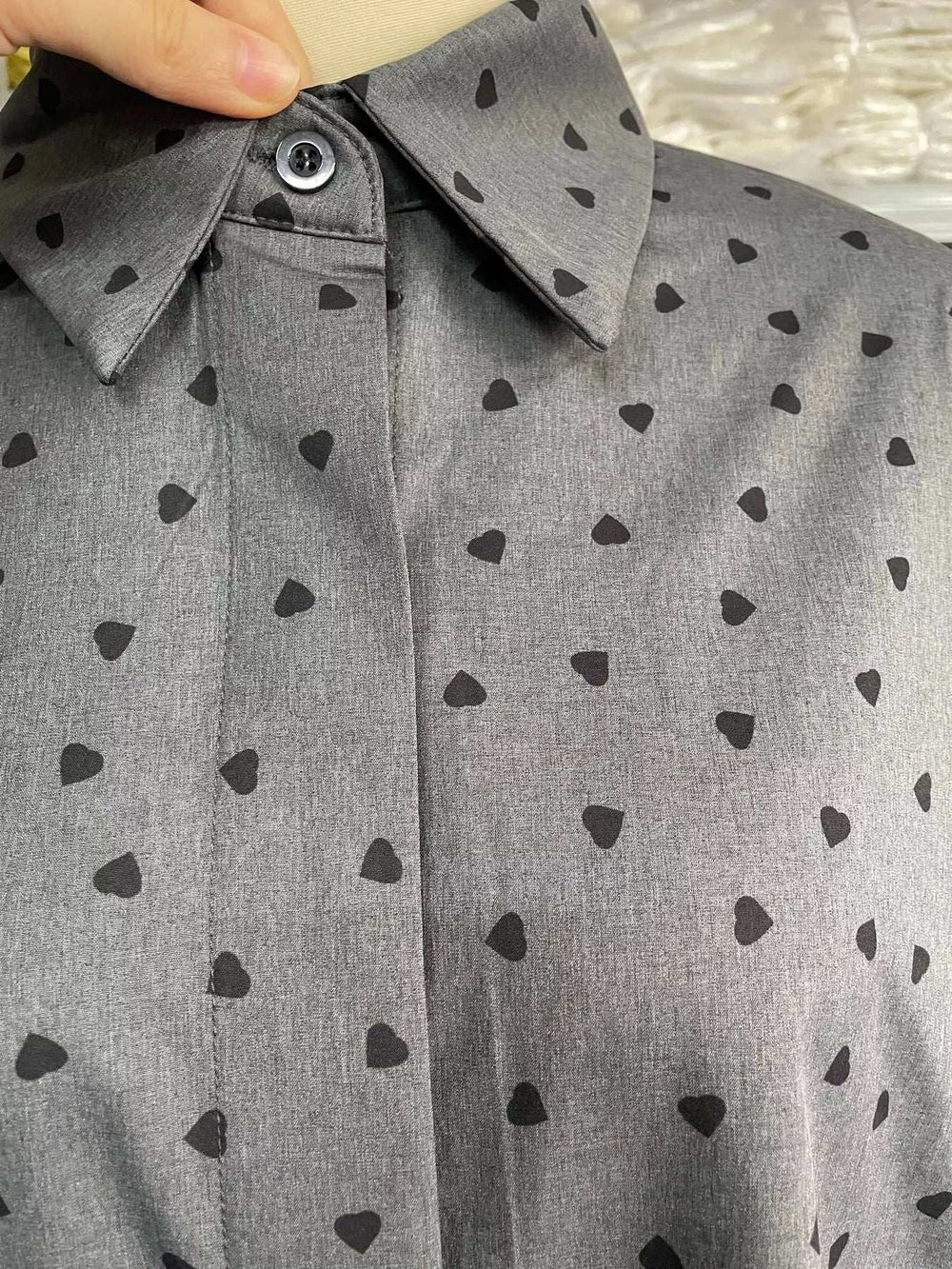 Heart Print Button Up Flounce Sleeve Shirt - Trendsi - Flyclothing LLC