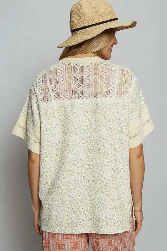 POL Number Floral Crochet Button Detail Half Sleeve Top - Trendsi - Flyclothing LLC