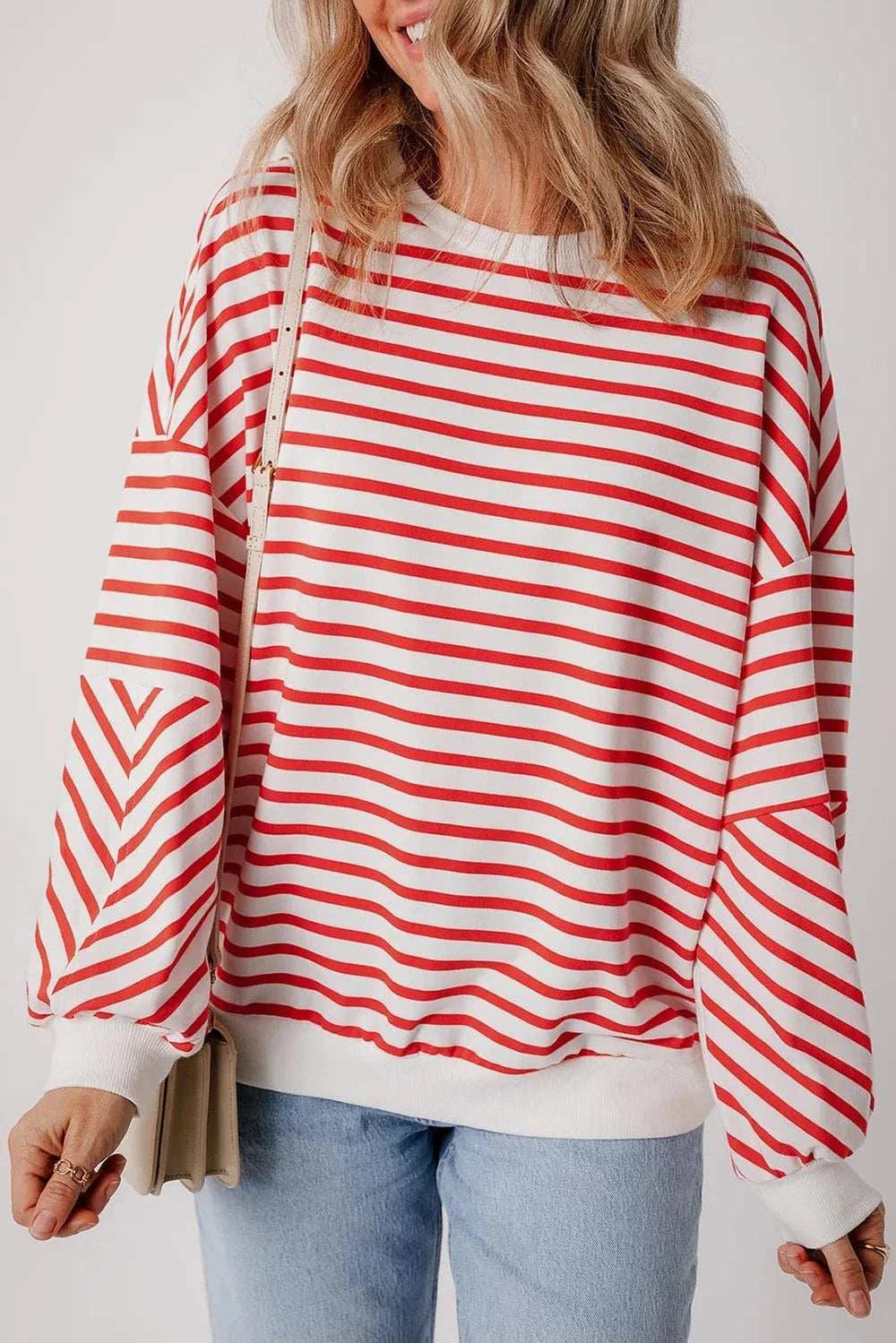 Striped Dropped Shoulder Long Sleeve Sweatshirt - Trendsi - Flyclothing LLC