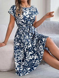 Tied Pleated Printed Short Sleeve Dress - Trendsi - Flyclothing LLC