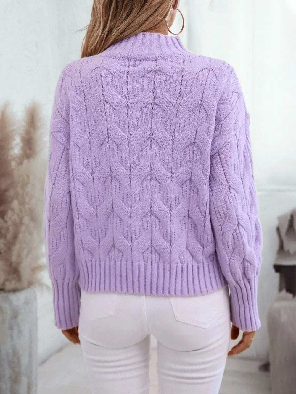 Cable Knit Mock Neck Long Sleeve Sweater - Trendsi - Flyclothing LLC