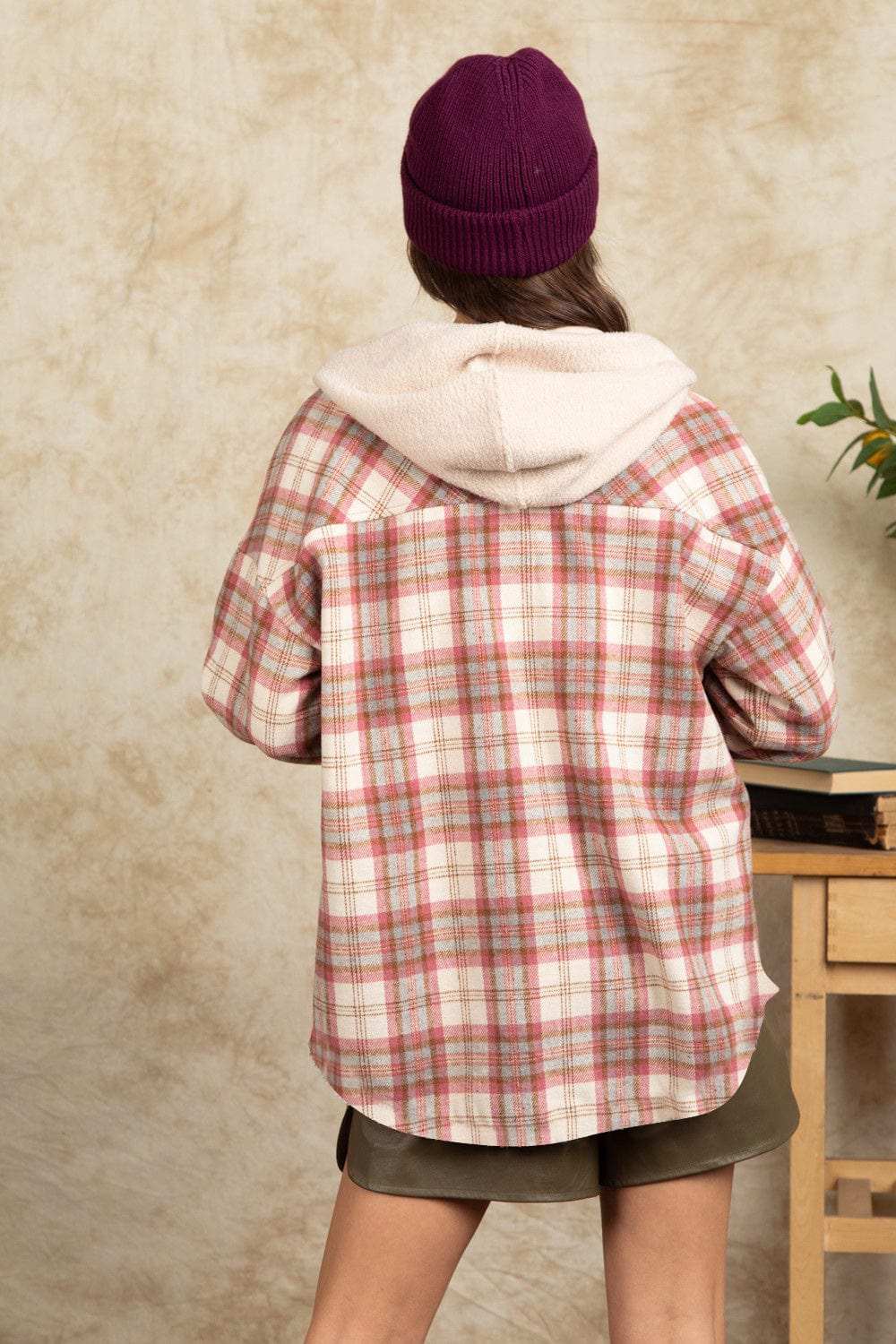 Drawstring Plaid Long Sleeve Hooded Jacket - Trendsi - Flyclothing LLC