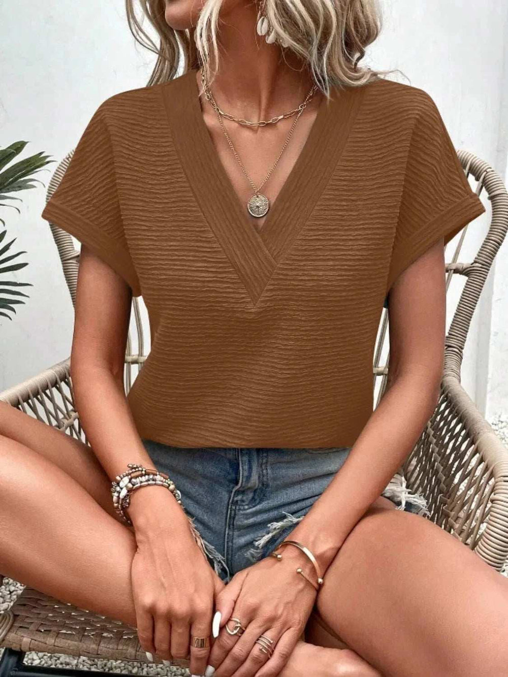 Textured Solid Color Short Sleeve Top - Trendsi - Flyclothing LLC
