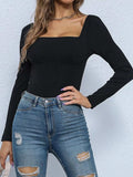 Square Neck Long Sleeve Bodysuit - Trendsi - Flyclothing LLC