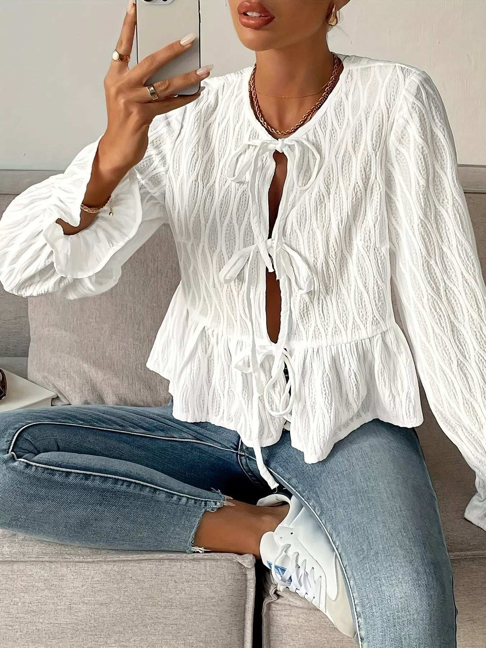 Tie Front Flounce Sleeve Blouse - Trendsi - Flyclothing LLC