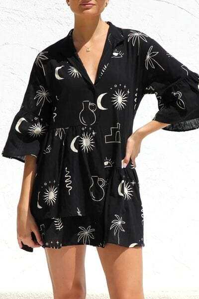 Ruched Printed Three-Quarter Sleeve Mini Dress - Trendsi - Flyclothing LLC