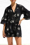 Ruched Printed Three-Quarter Sleeve Mini Dress - Trendsi - Flyclothing LLC