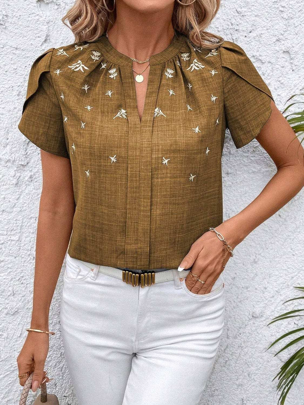 Floral Notched Short Sleeve Blouse - Trendsi - Flyclothing LLC
