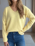 V-Neck Dropped Shoulder Long Sleeve Sweater - Trendsi - Flyclothing LLC