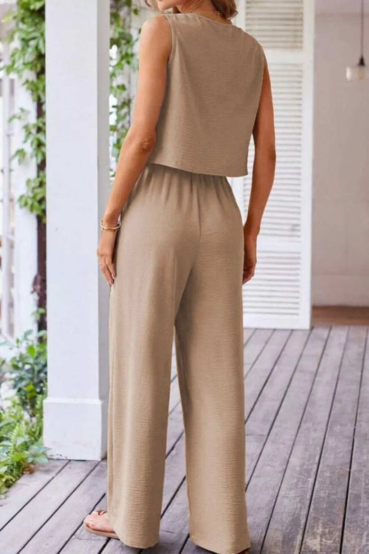 Button Down Vest and Drawstring Wide Leg Pants Set - Trendsi - Flyclothing LLC