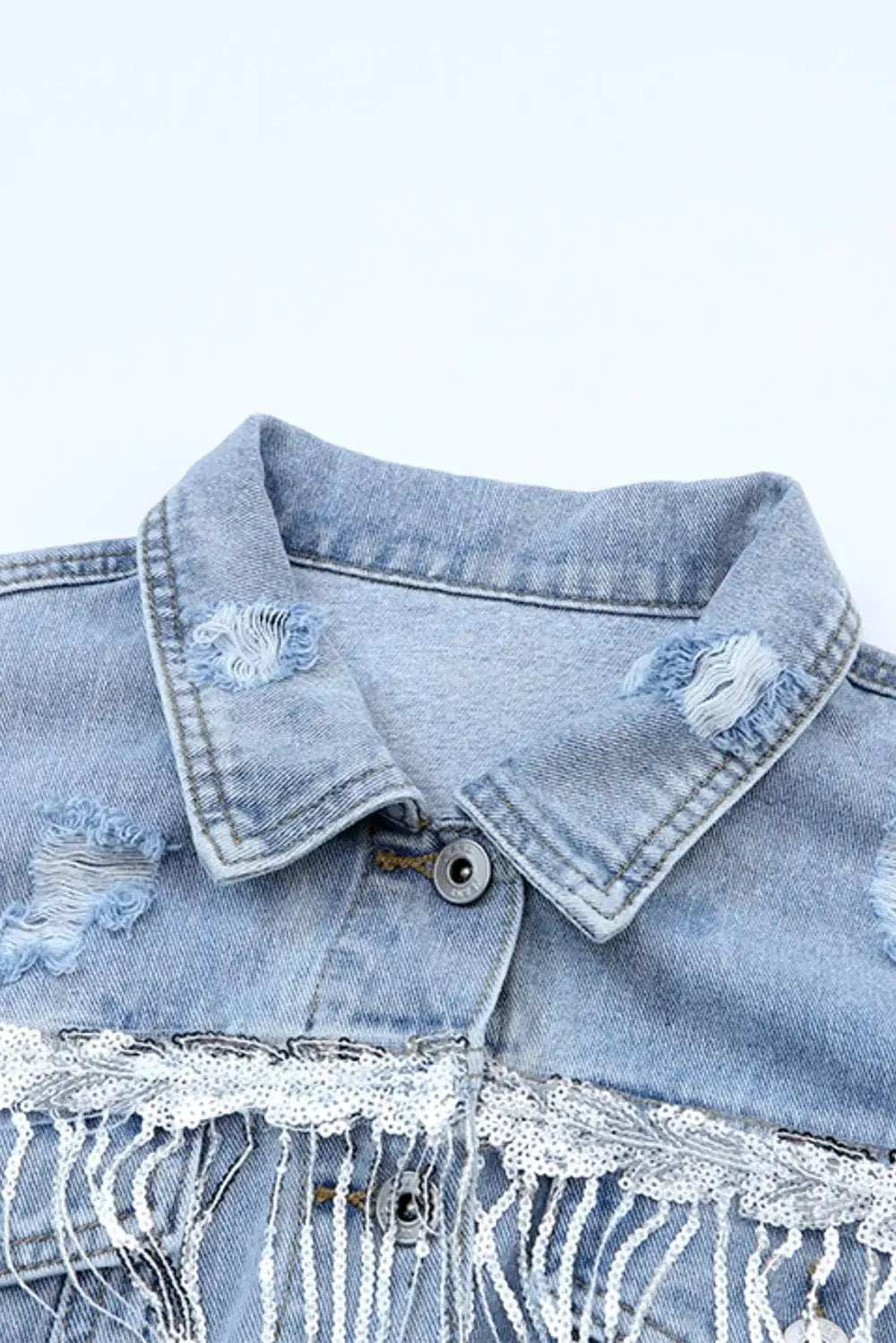 Sequin Fringe Trim Distressed Button Up Denim Jacket - Trendsi - Flyclothing LLC