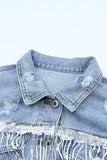 Sequin Fringe Trim Distressed Button Up Denim Jacket - Trendsi - Flyclothing LLC