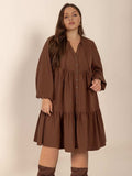 Plus Size Tie Neck Balloon Sleeve Tiered Dress - Trendsi - Flyclothing LLC
