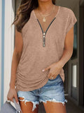 Full Size Half Zip Cap Sleeve T-Shirt - Trendsi - Flyclothing LLC