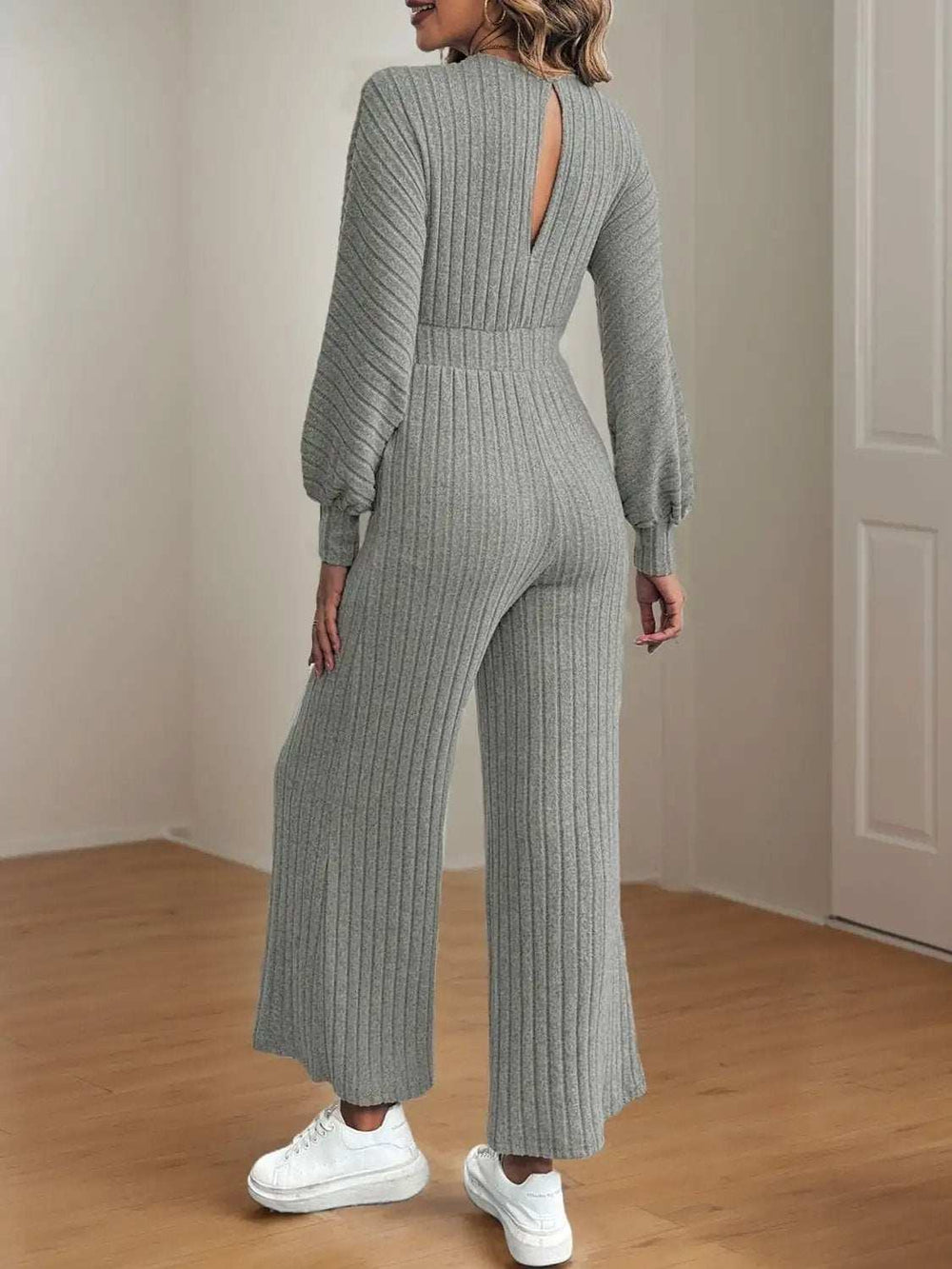 V-Neck Long Sleeve Wide Leg Jumpsuit - Trendsi - Flyclothing LLC
