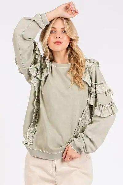 Mittoshop Ruffled Mineral Washed Round Neck Long Sleeve Sweatshirt - Trendsi - Flyclothing LLC