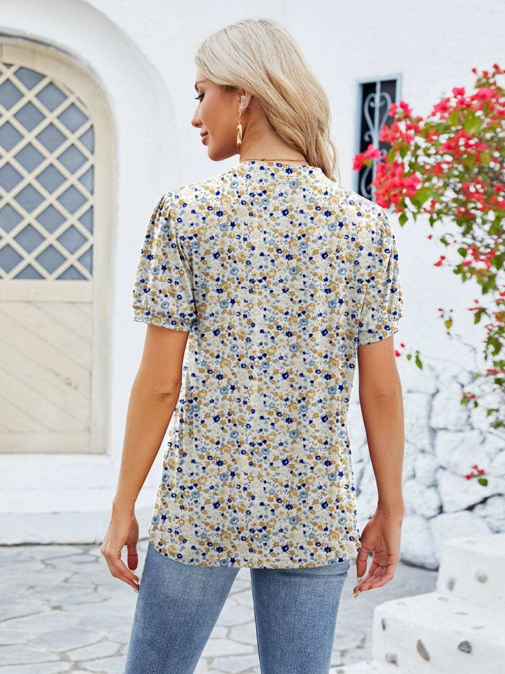 Ruched Printed Notched Short Sleeve Blouse - Trendsi - Flyclothing LLC