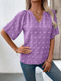 Swiss Dot Notched Half Sleeve Blouse - Trendsi - Flyclothing LLC