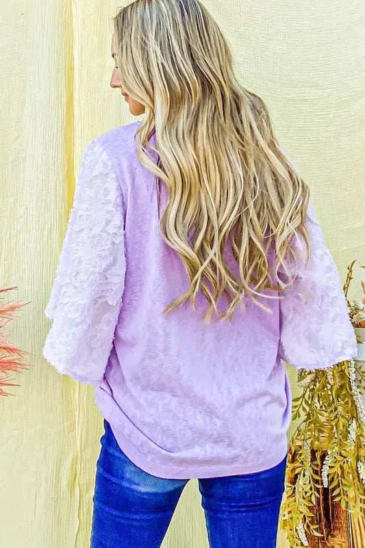 And The Why Feather Detailed 3/4 Sleeve Slub Top - Trendsi - Flyclothing LLC