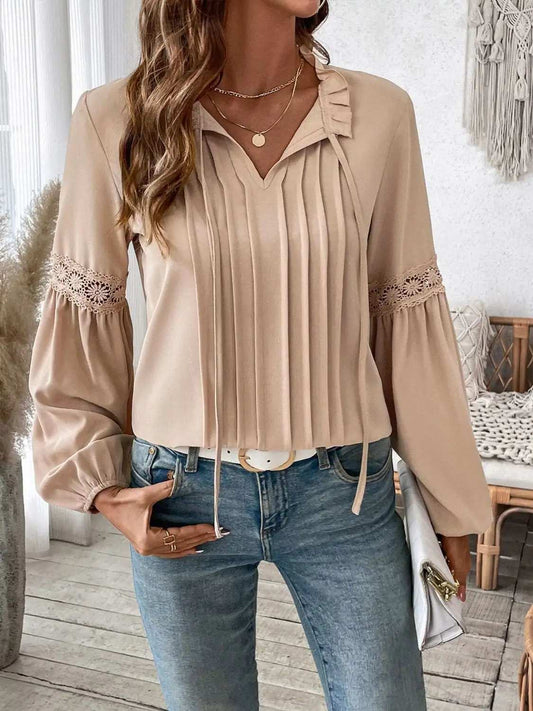 Perfee Frill Tie Neck Long Sleeve Blouse - Trendsi - Flyclothing LLC