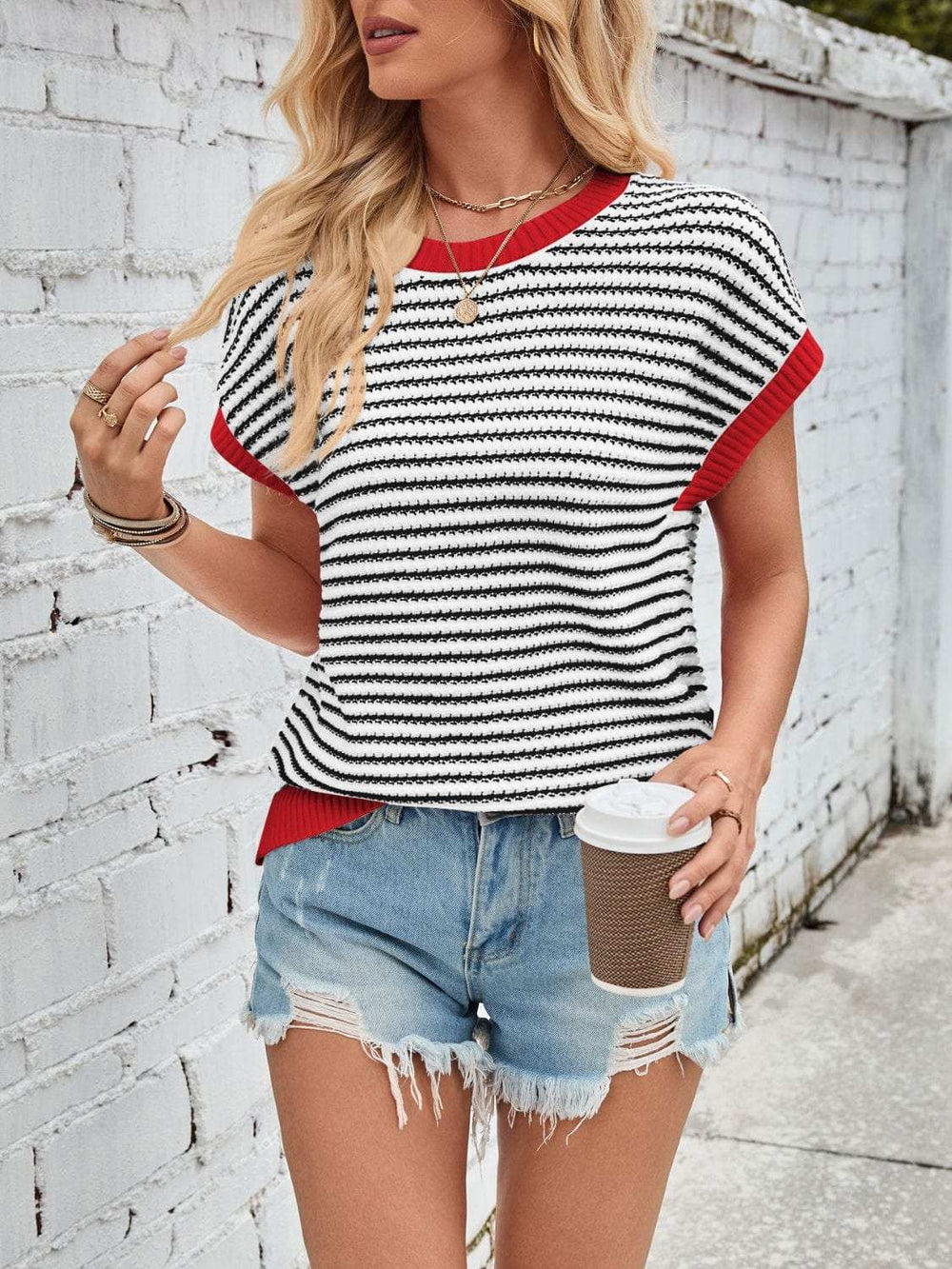 Lovelet Striped Round Neck Cap Sleeve Sweater - Trendsi - Flyclothing LLC
