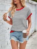 Lovelet Striped Round Neck Cap Sleeve Sweater - Trendsi - Flyclothing LLC