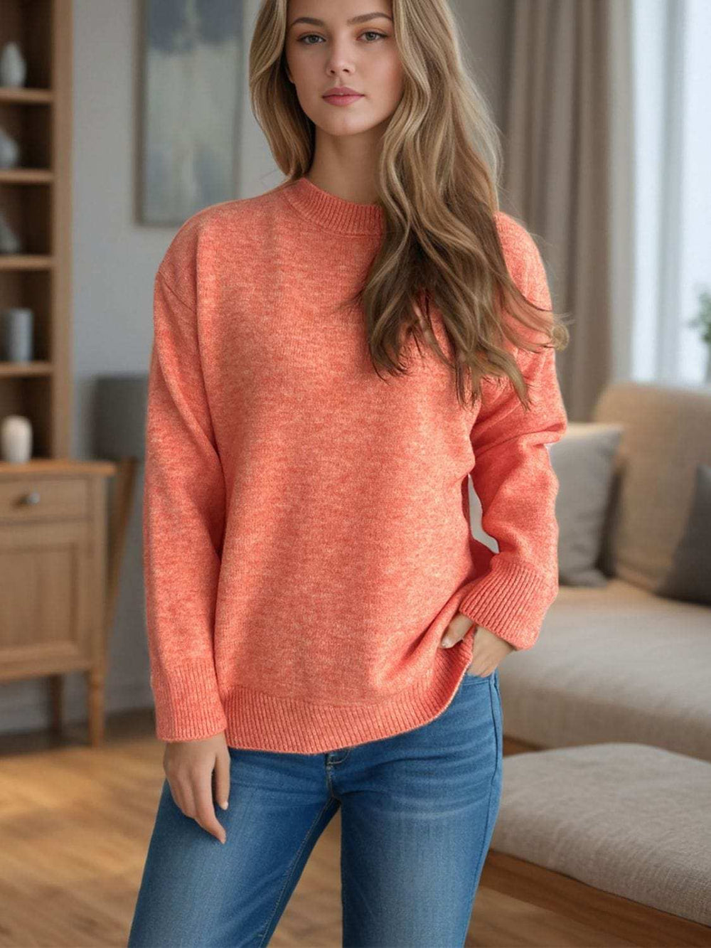 Round Neck Drop Shoulder Long Sleeve Sweater - Trendsi - Flyclothing LLC