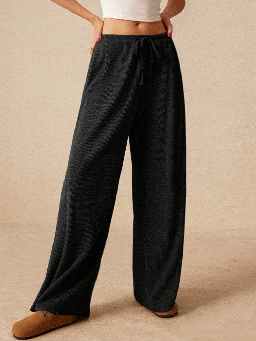 Ribbed Drawstring Wide Leg Pants - Trendsi - Flyclothing LLC