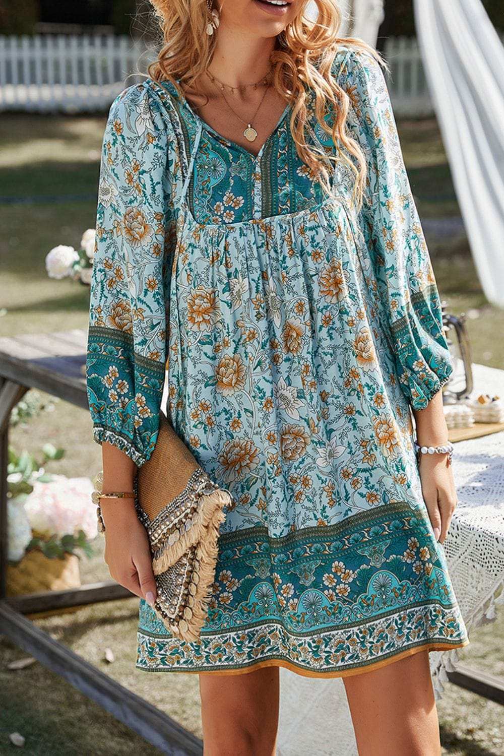 Devine Printed Tie Neck Mini Dress - Trendsi - Flyclothing LLC