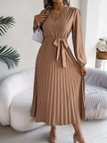 Pleated Tied V-Neck Long Sleeve Dress - Trendsi - Flyclothing LLC