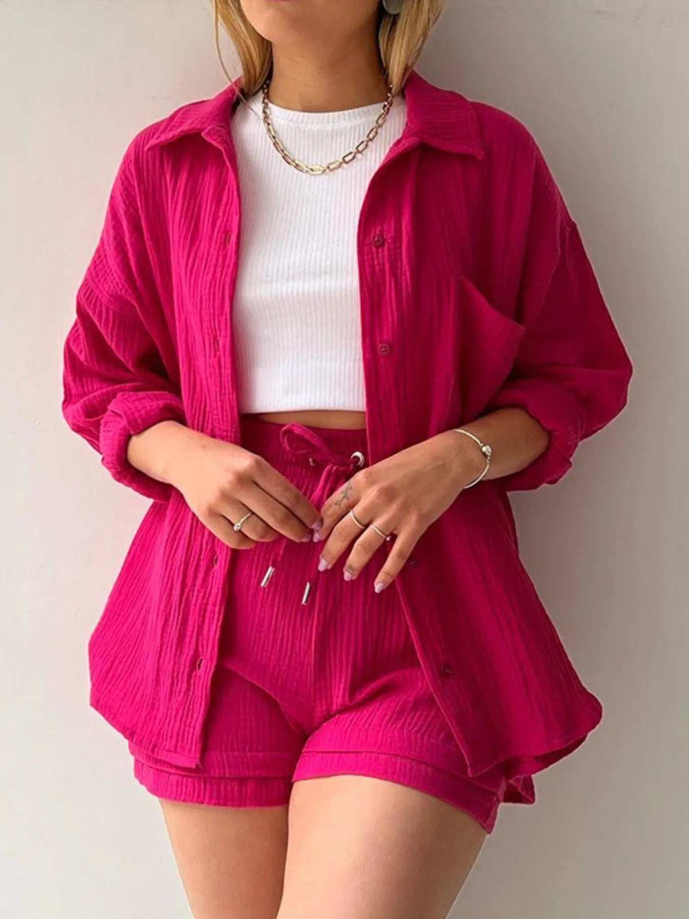 Textured Button Up Shirt and Shorts Set - Trendsi - Flyclothing LLC