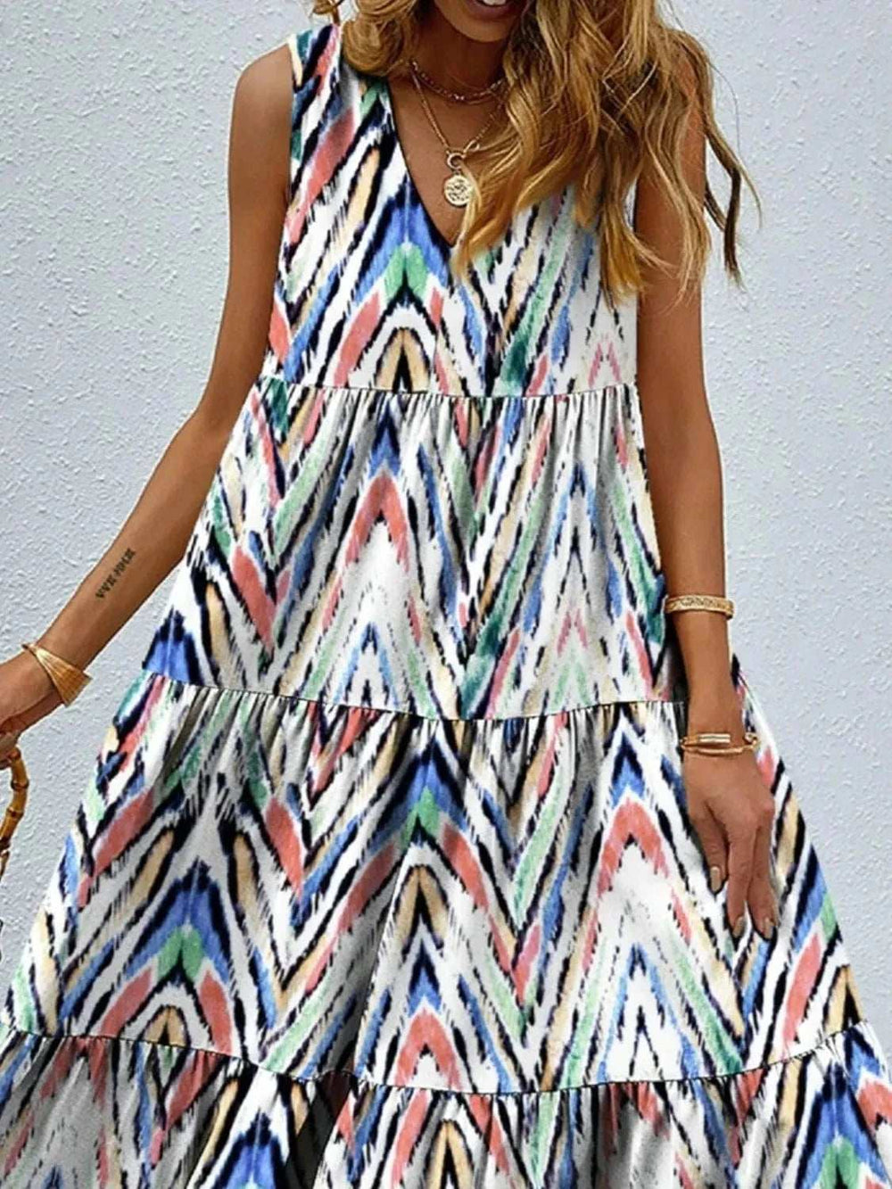 Printed V-Neck Tiered Maxi Tank Dress - Trendsi - Flyclothing LLC