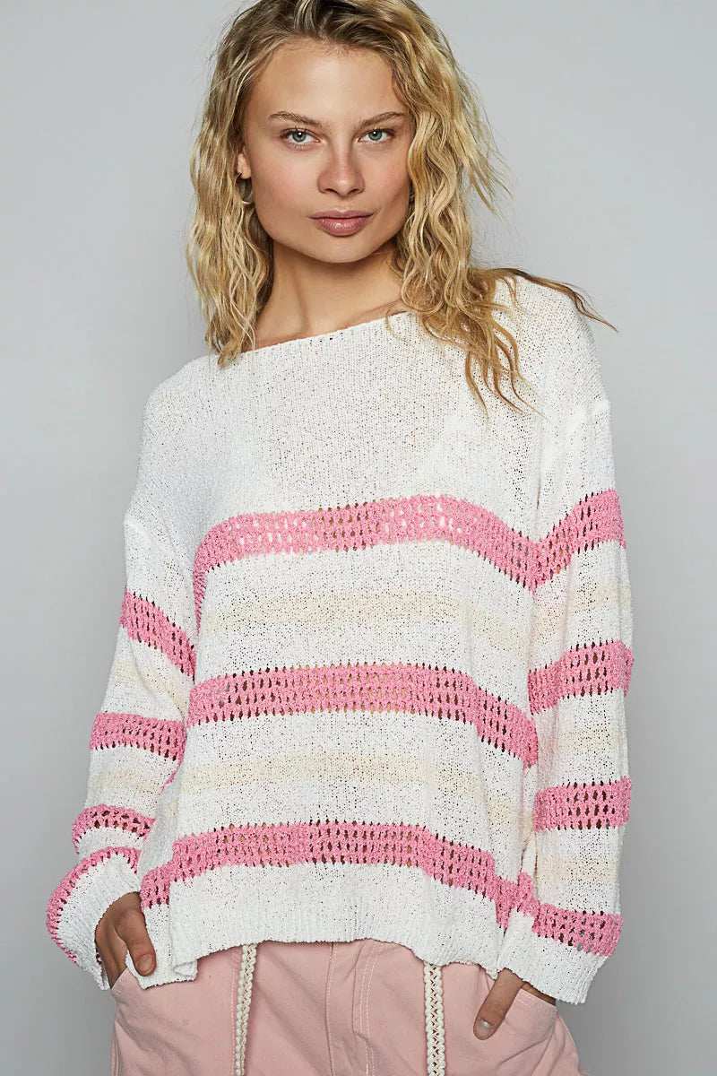 POL Striped Openwork Round Neck Knit Top - Trendsi - Flyclothing LLC
