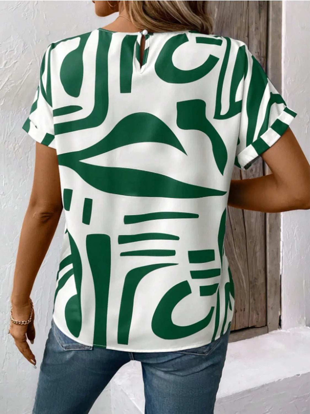 Contrast Round Neck Short Sleeve Blouse - Trendsi - Flyclothing LLC