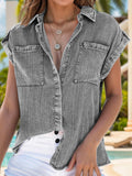 Collared Neck Cap Sleeve Denim Top - Trendsi - Flyclothing LLC