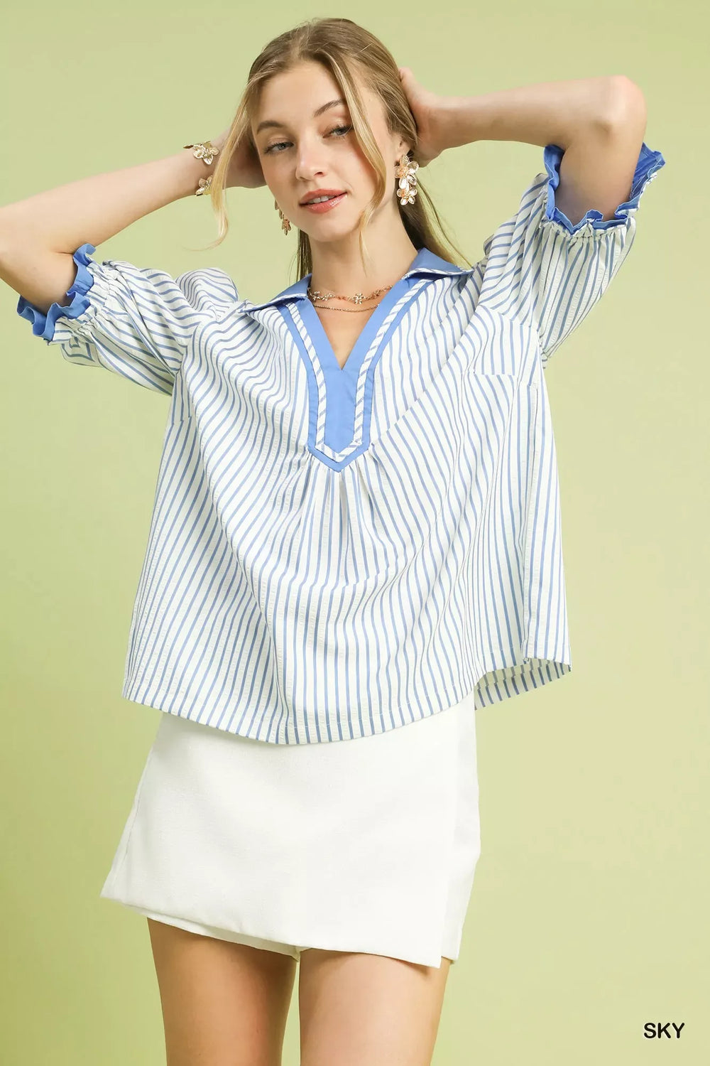 Umgee Seersucker Stripe Ruffle Sleeve Top - Trendsi - Flyclothing LLC
