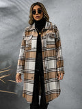Plaid Collared Neck Long Sleeve Coat - Trendsi - Flyclothing LLC