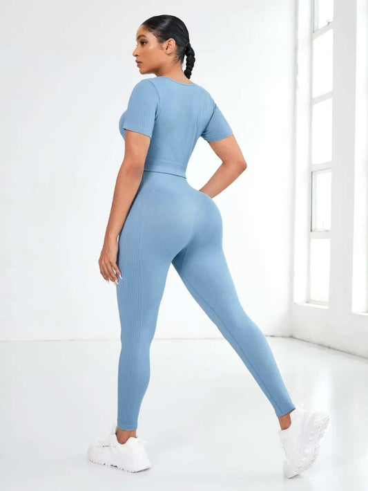 Round Neck Short Sleeve Top and Leggings Active Set - Trendsi - Flyclothing LLC