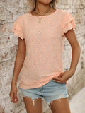 Eyelet Round Neck Double Layered Ruffled Short Sleeve Top - Trendsi - Flyclothing LLC