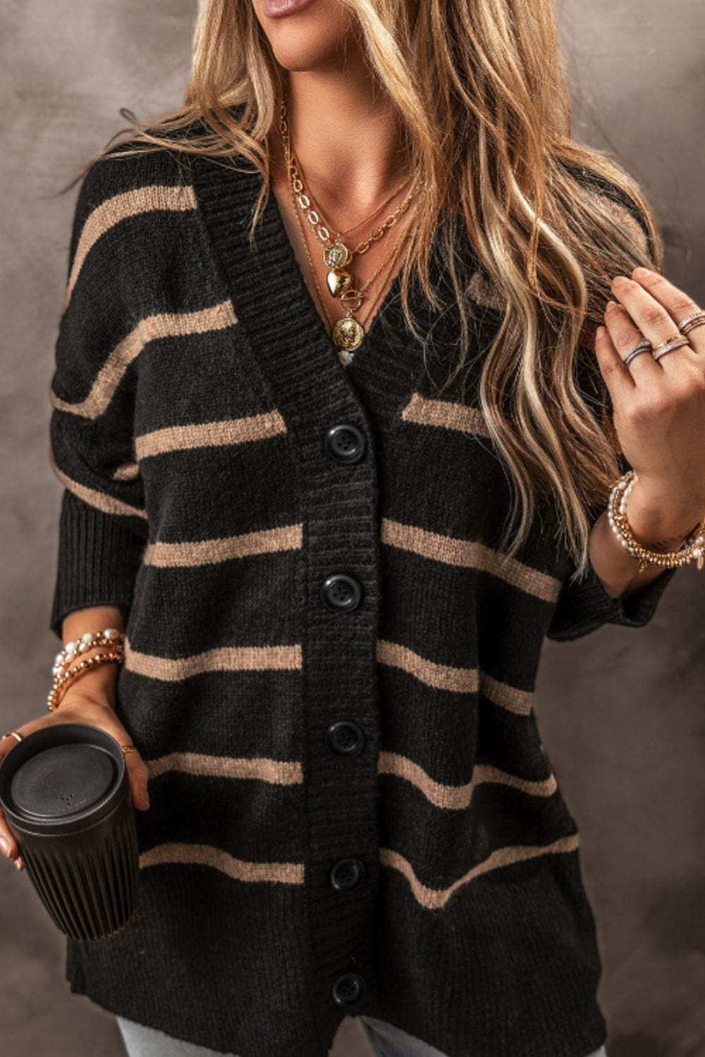 Striped Button Down Long Sleeve Cardigan - Trendsi - Flyclothing LLC