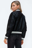 Love Me Now PU Leather Contrast Snap Down Bomber Jacket - Trendsi - Flyclothing LLC