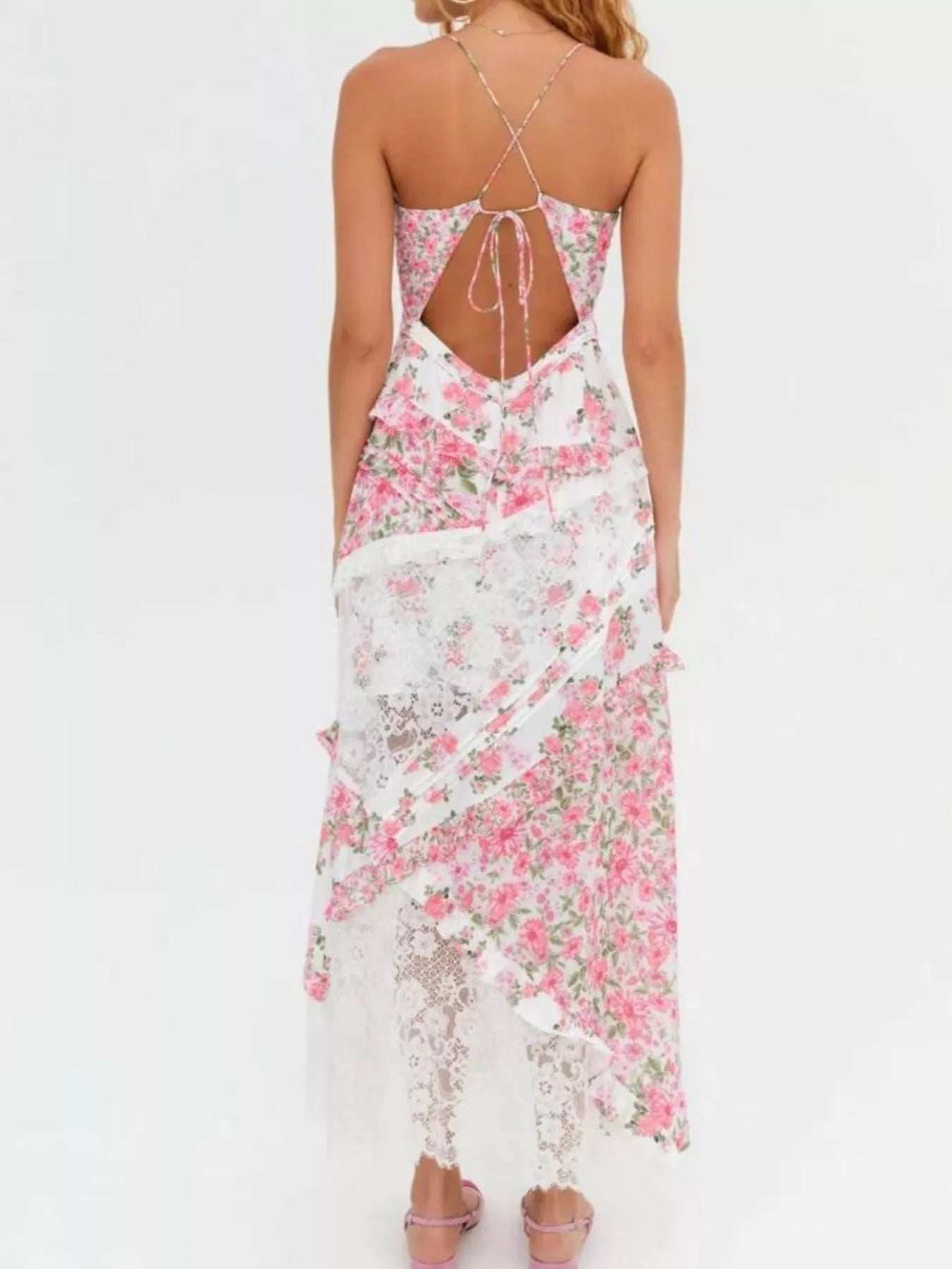 Lace Detail Ruffled Floral V-Neck Maxi Dress - Trendsi - Flyclothing LLC