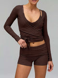 Long Sleeve Fitted T-Shirt and Shorts Set - Trendsi - Flyclothing LLC