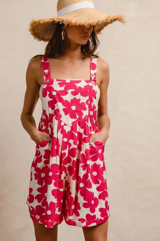BiBi Floral Prints Tuck Detail Short Overall With Pockets - Trendsi - Flyclothing LLC