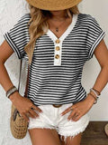 Striped V-Neck Short Sleeve T-Shirt - Trendsi - Flyclothing LLC