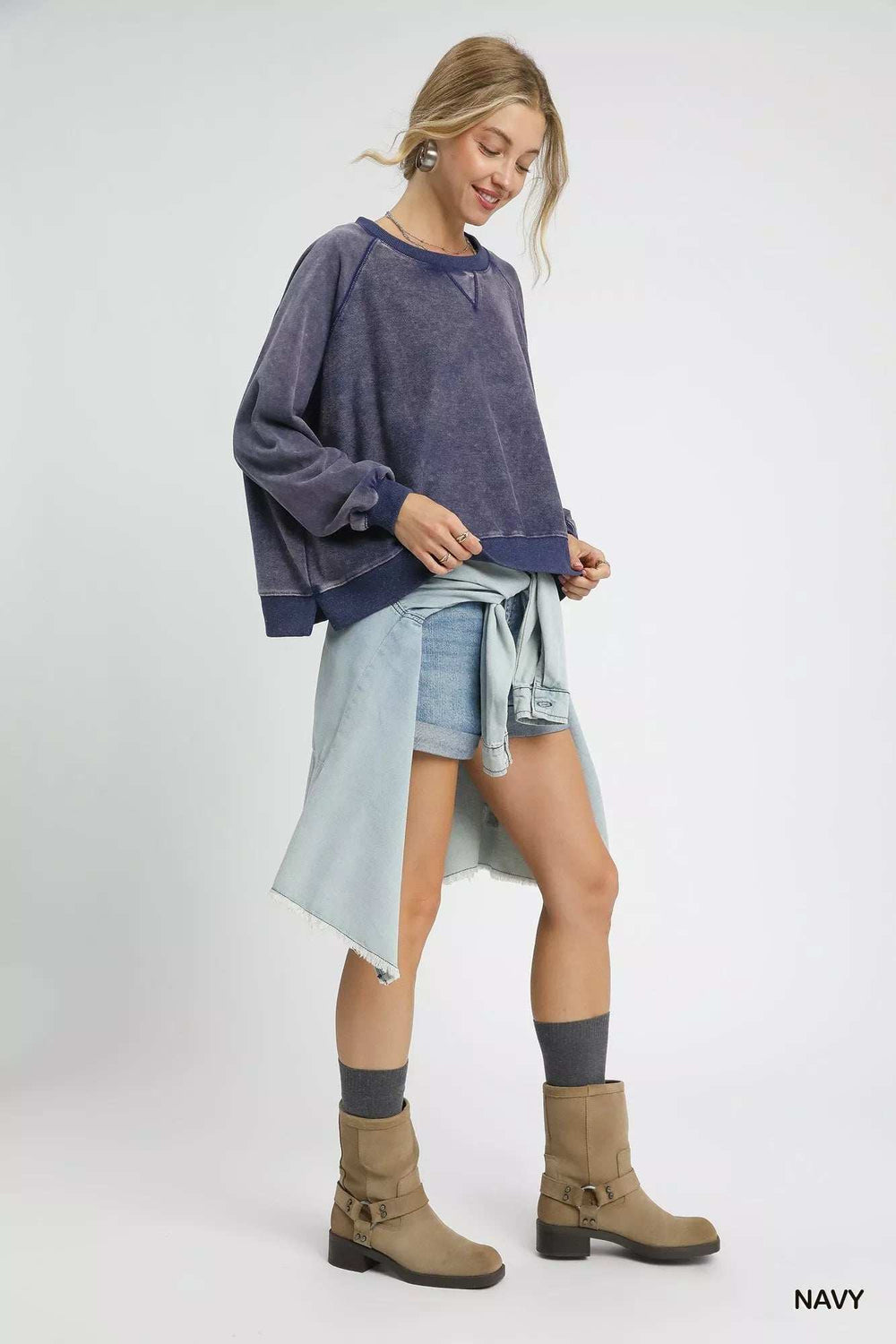 Umgee Mineral Wash French Terry Sweatshirt - Trendsi - Flyclothing LLC