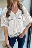 Lace Crochet Hollowed Scallop Hem V Neck Blouse - Trendsi - Flyclothing LLC