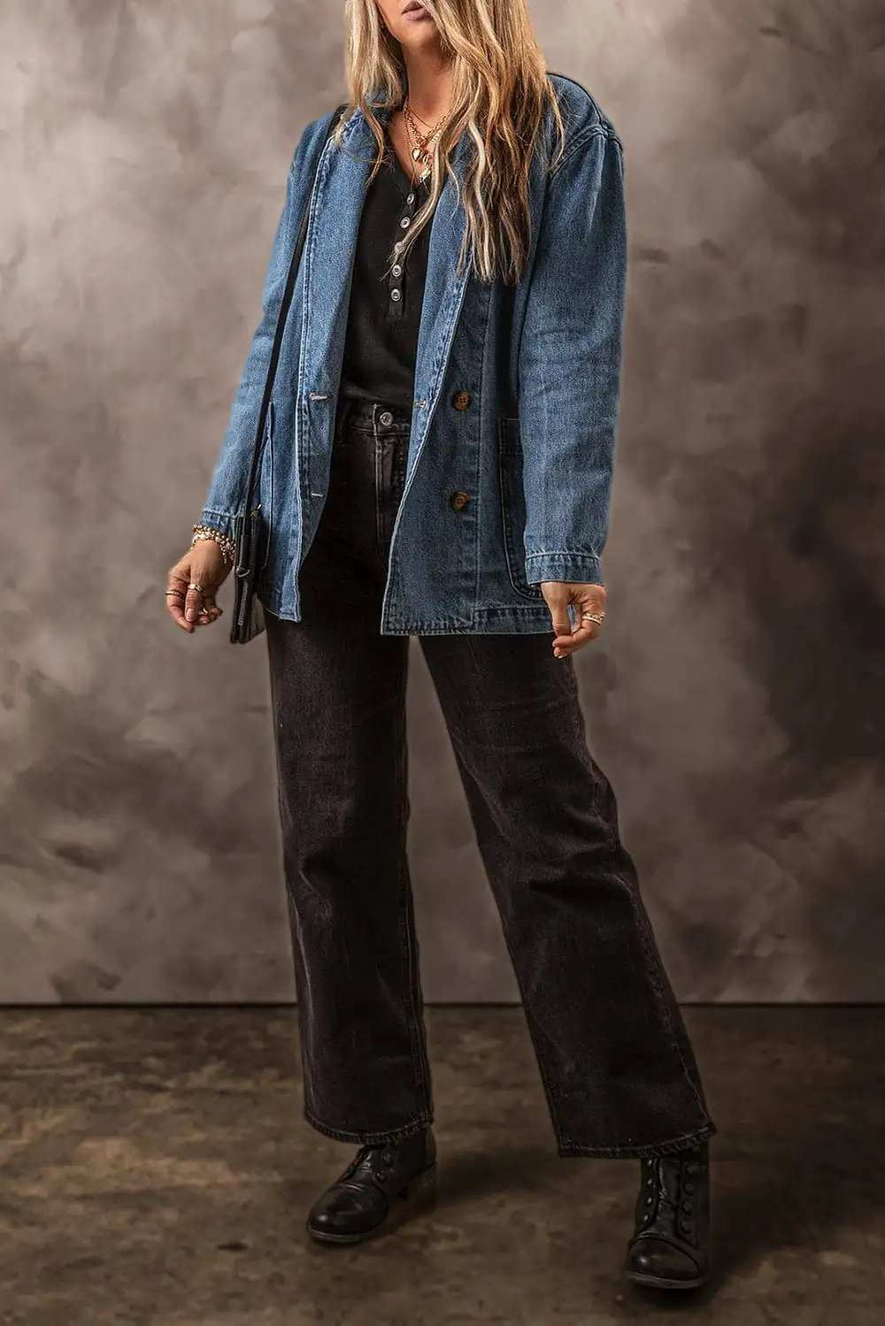 Pocketed Long Sleeve Denim Jacket - Trendsi - Flyclothing LLC